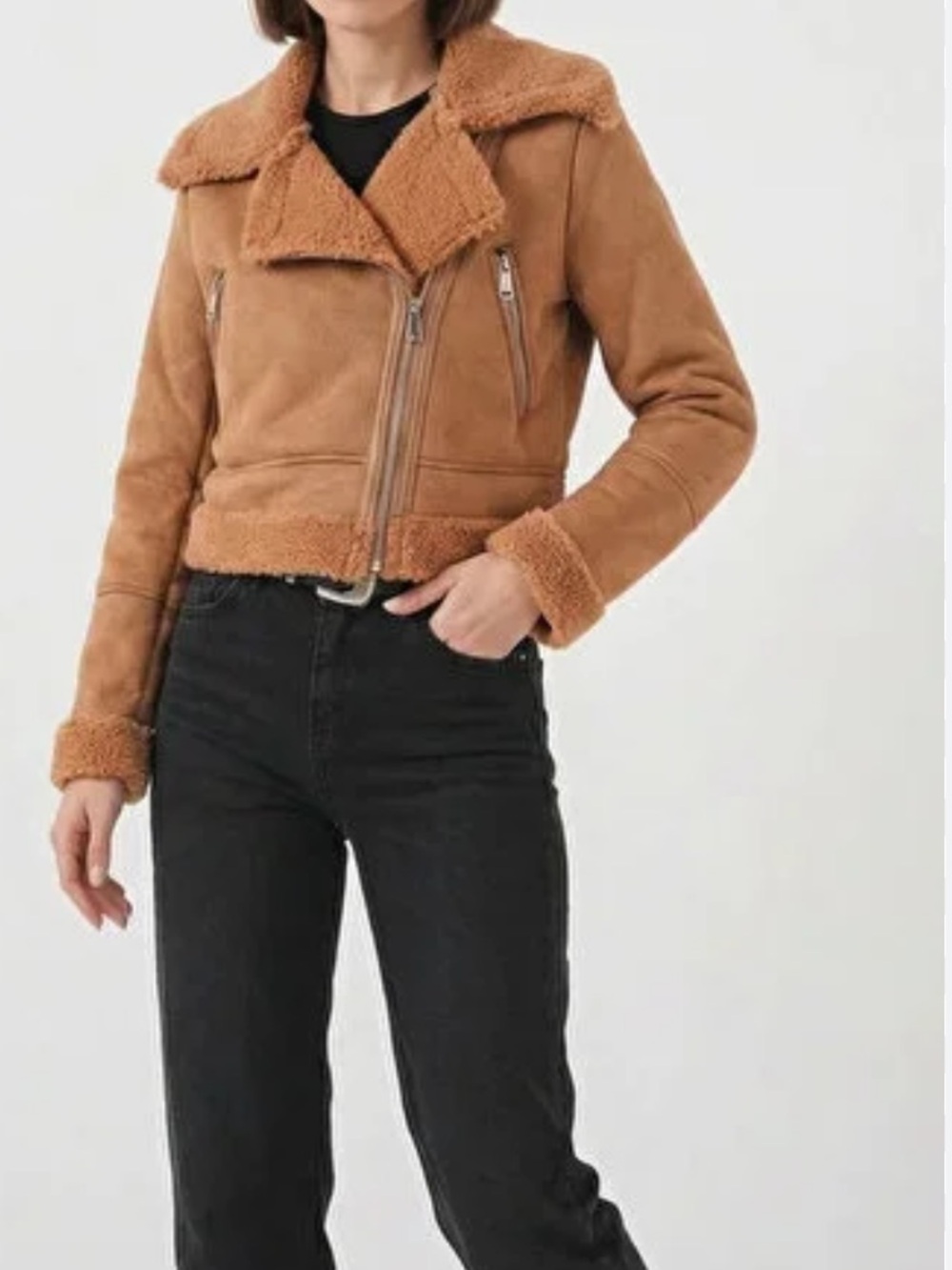 Stradivarius Faux Suede Moto Jacket Women’s Tan Brown Faux Fur Collar Outerwear